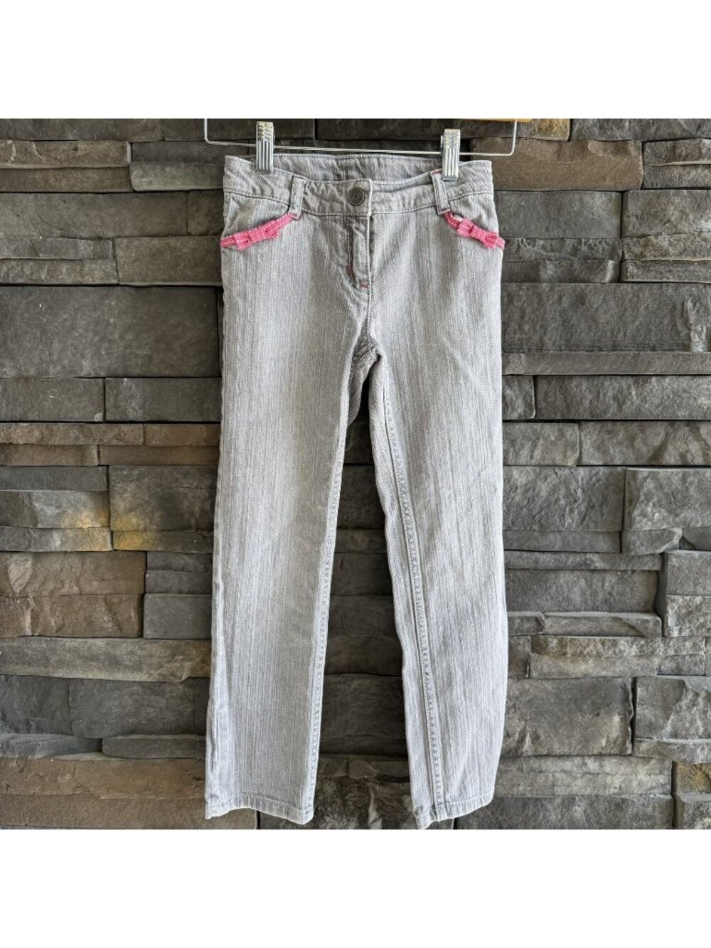 Gymboree Super Star Gray Skinny Jeans With Pink Polka Dot Bows Size 7
